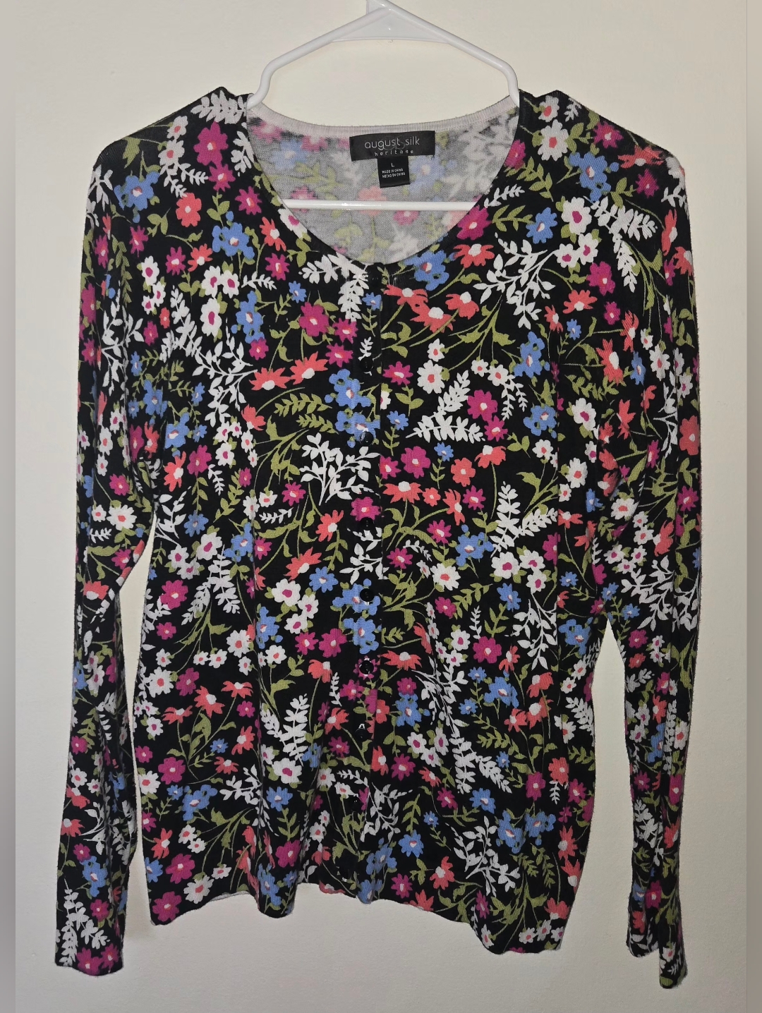 August Silk Black Floral Long Sleeve Tee With Multicolor Blossoms